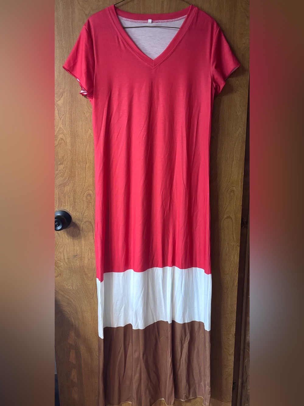 Colorblock V-Neck Maxi Dress - Red, White & Brown